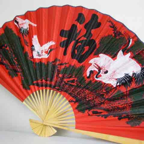 FAN, Asian Style - Large Red w Ibis Design 160cm 