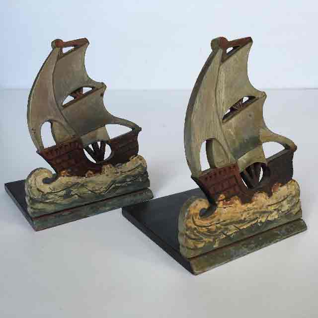 BOOK END (PAIR), Painted Wooden Ships