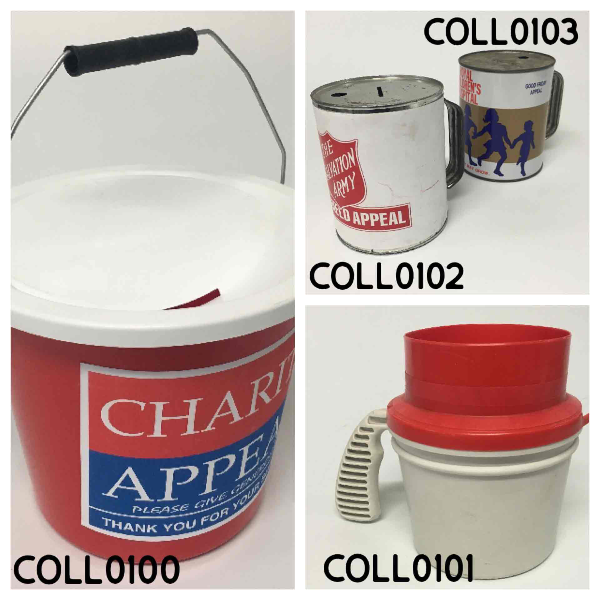 COLLECTION BOX, Charity Appeal Bucket, COL0101 - Red White Plastic, COL0102 - Salvos, COL0103 - Children's Hospital